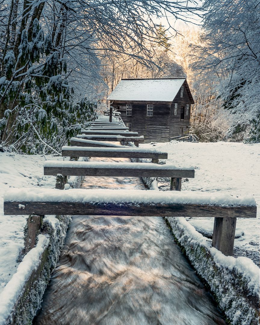 Mingus Mill covered in snow. Mingus Mill, Smoky Mountain National Park, Talking Excitingly, Brad Burgess Photography