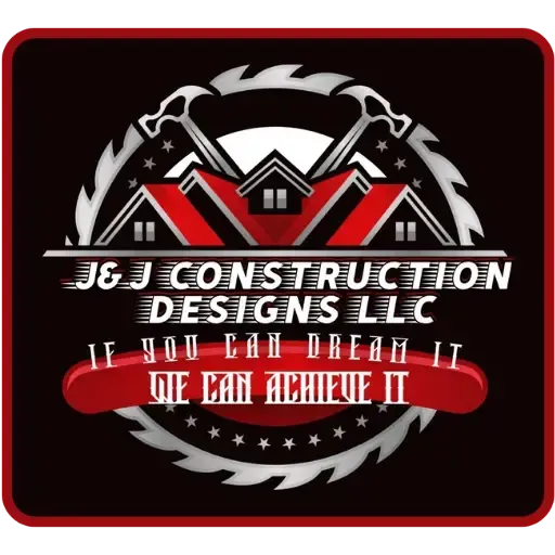 Logo for J&J Construction Designs LLC with a house silhouette, tools, and slogan on a black background.