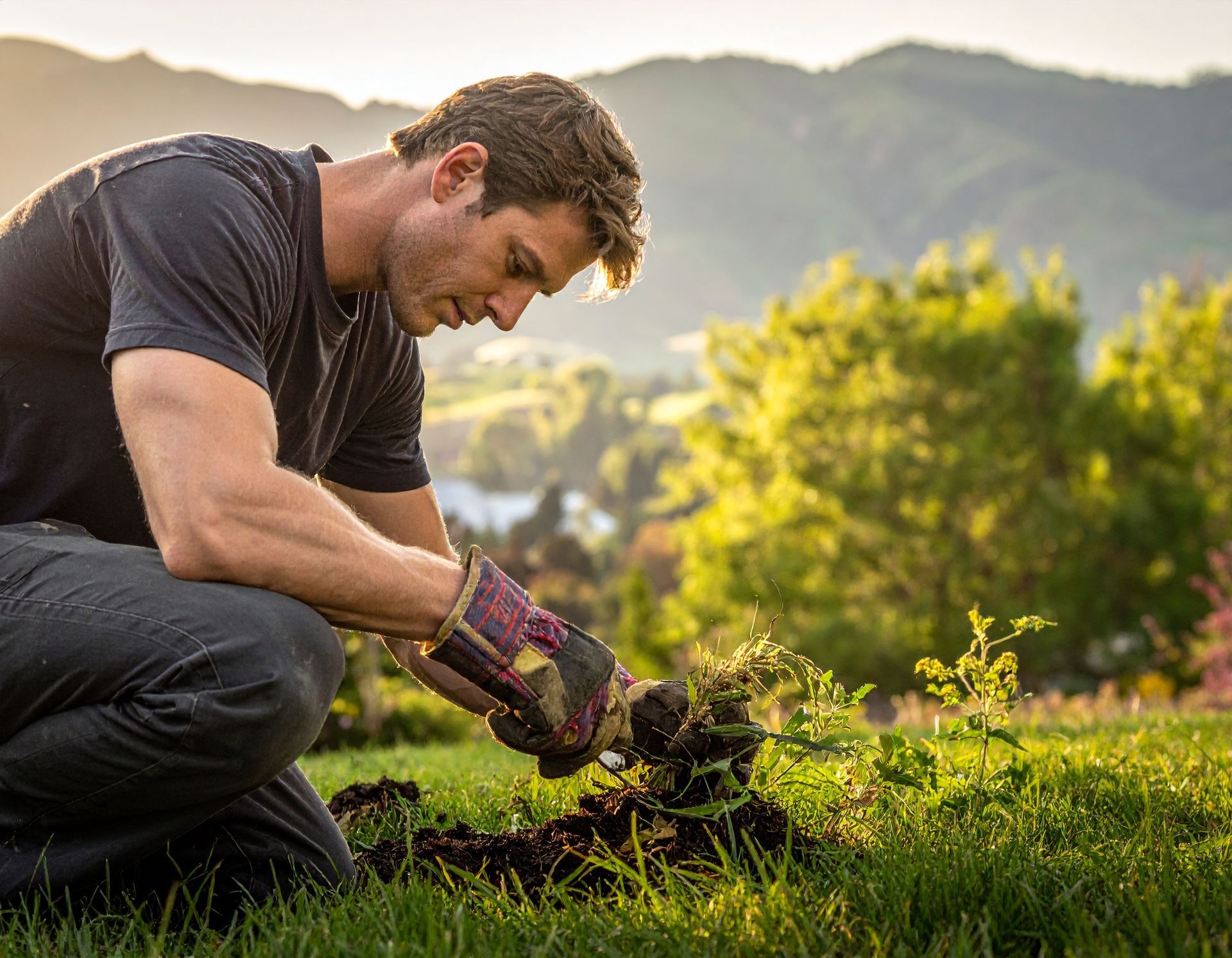 Man kneeling in a garden, planting soil with gloved hands at sunset, with mountains in the background