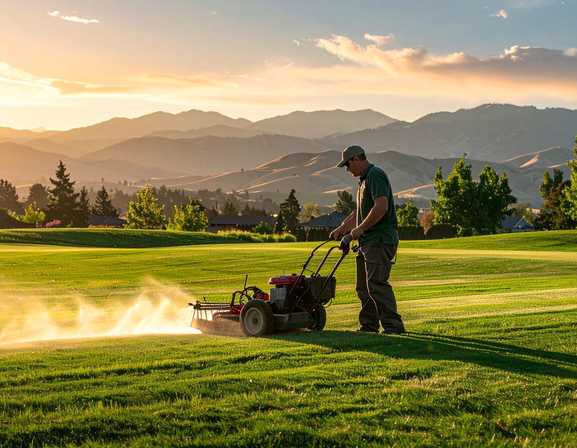 Person using a lawn mower on a green field at sunset with mountains in the background