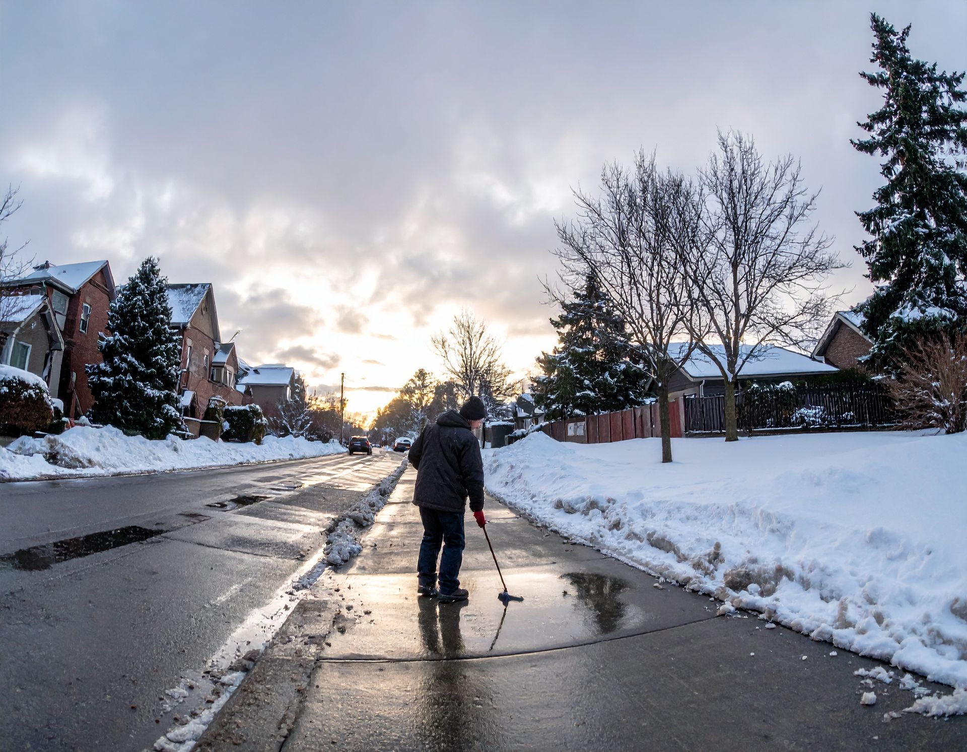 Person walking on a wet, snowy suburban street at sunset, with houses lining both sides.