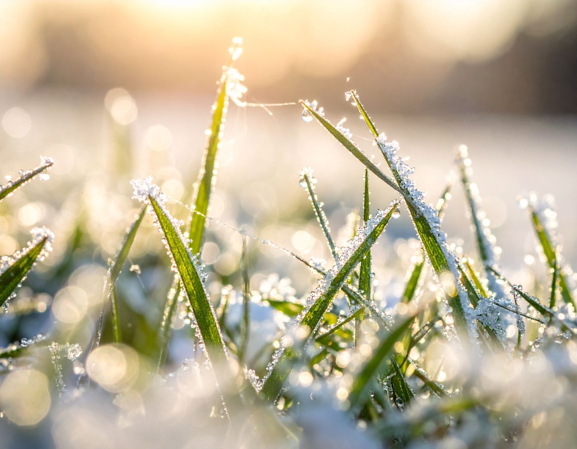 Frost-covered grass blades sparkling in warm sunlight, with soft bokeh in the background