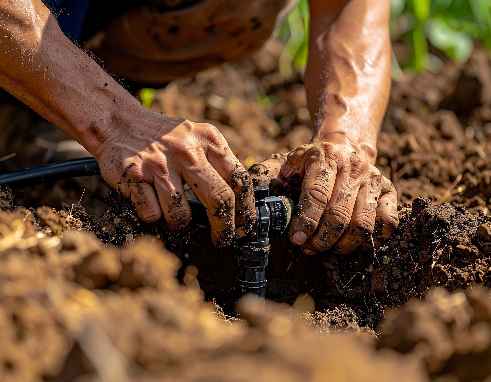 Hands working on an irrigation drip line — affordable sprinkler repair near me