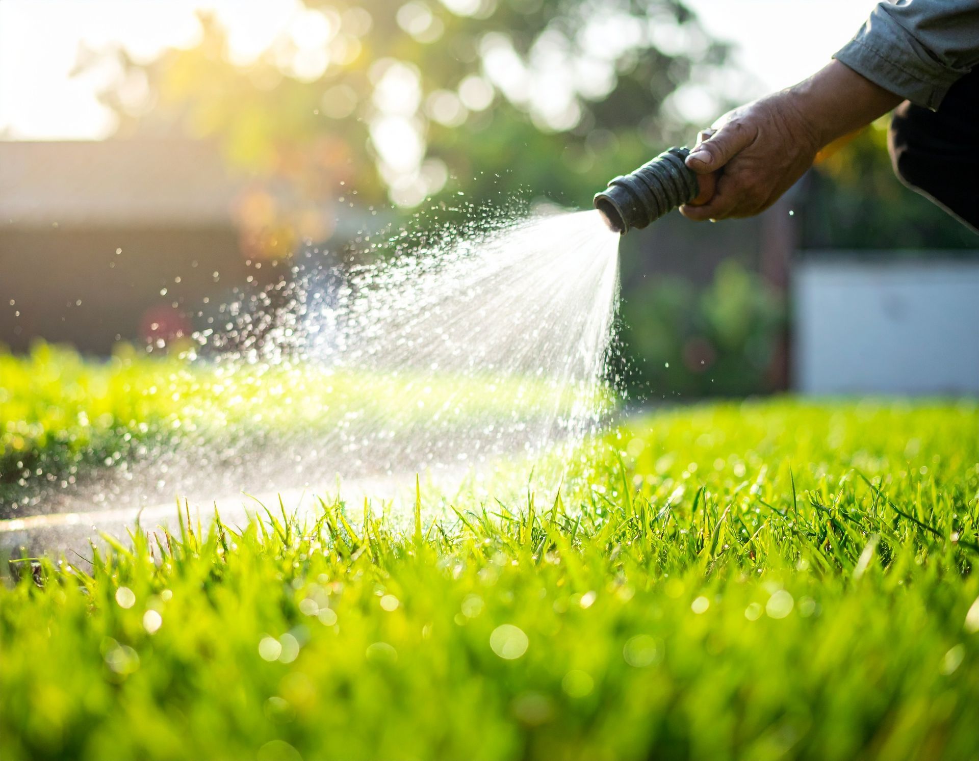 Person watering a bright green lawn with a hose in sunlight