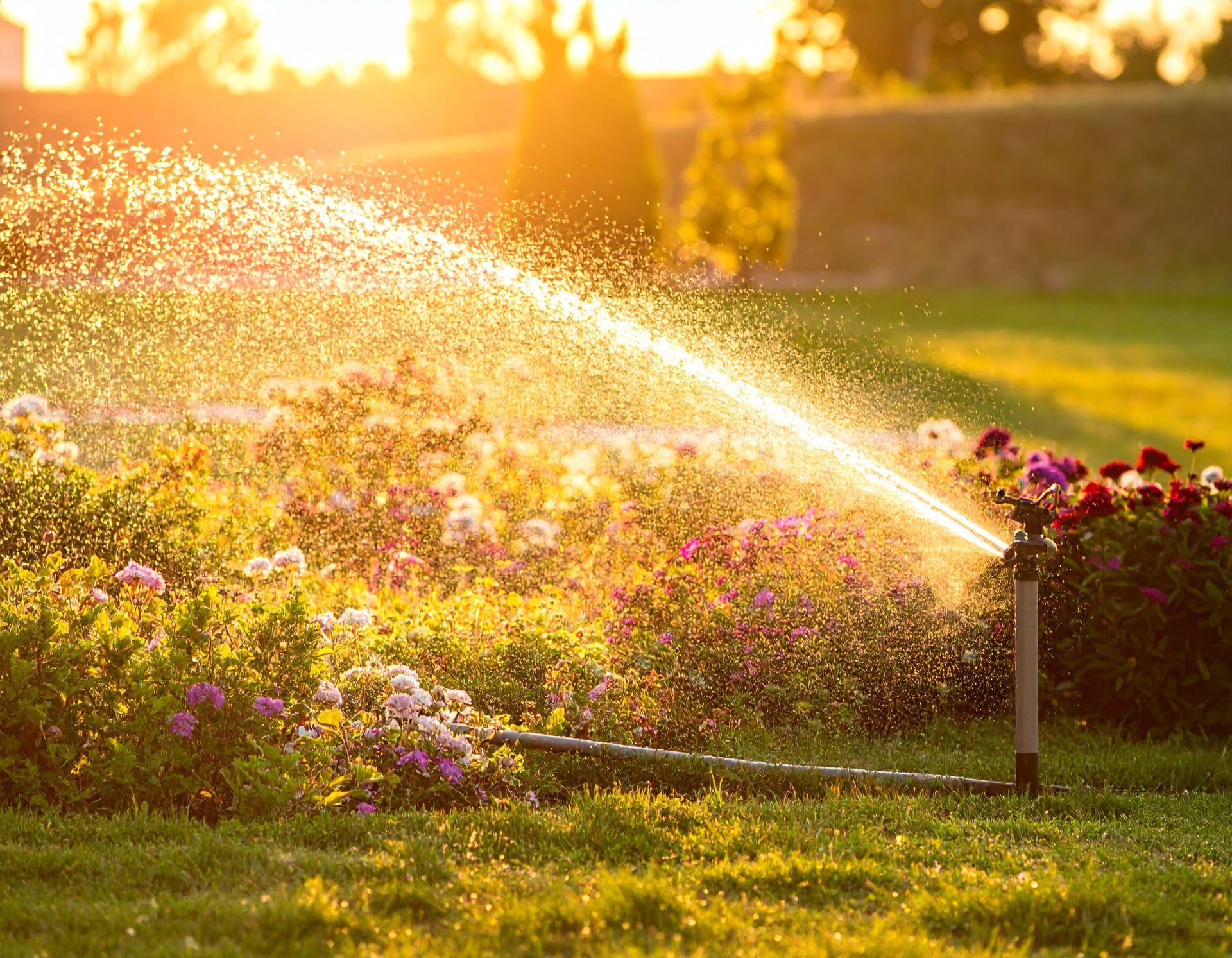 A lawn sprinkler waters a flower garden at sunset — yard sprinkler repair near me