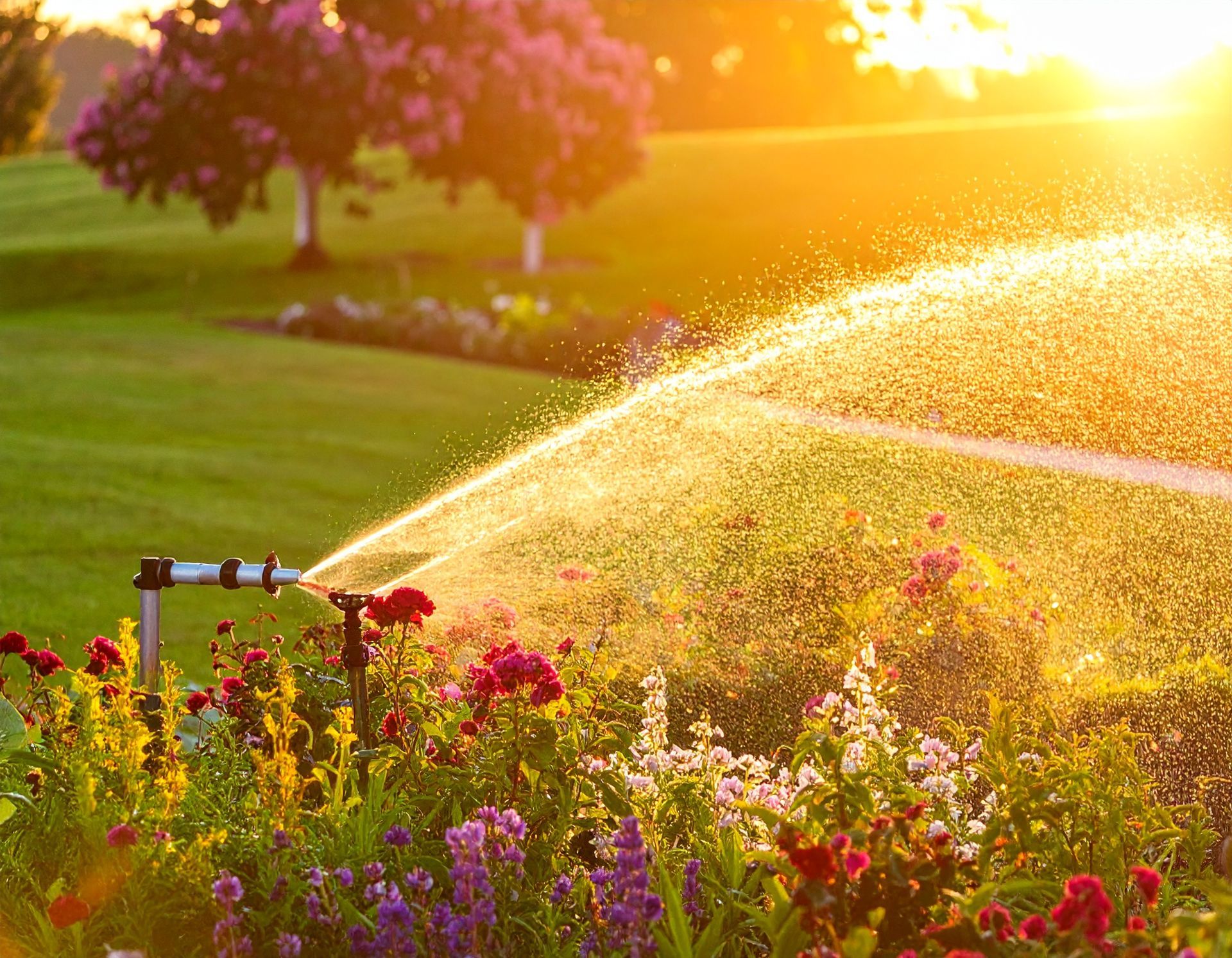 Garden sprinkler sprays water over colorful flowers in a lush backyard — yard sprinkler repair near me