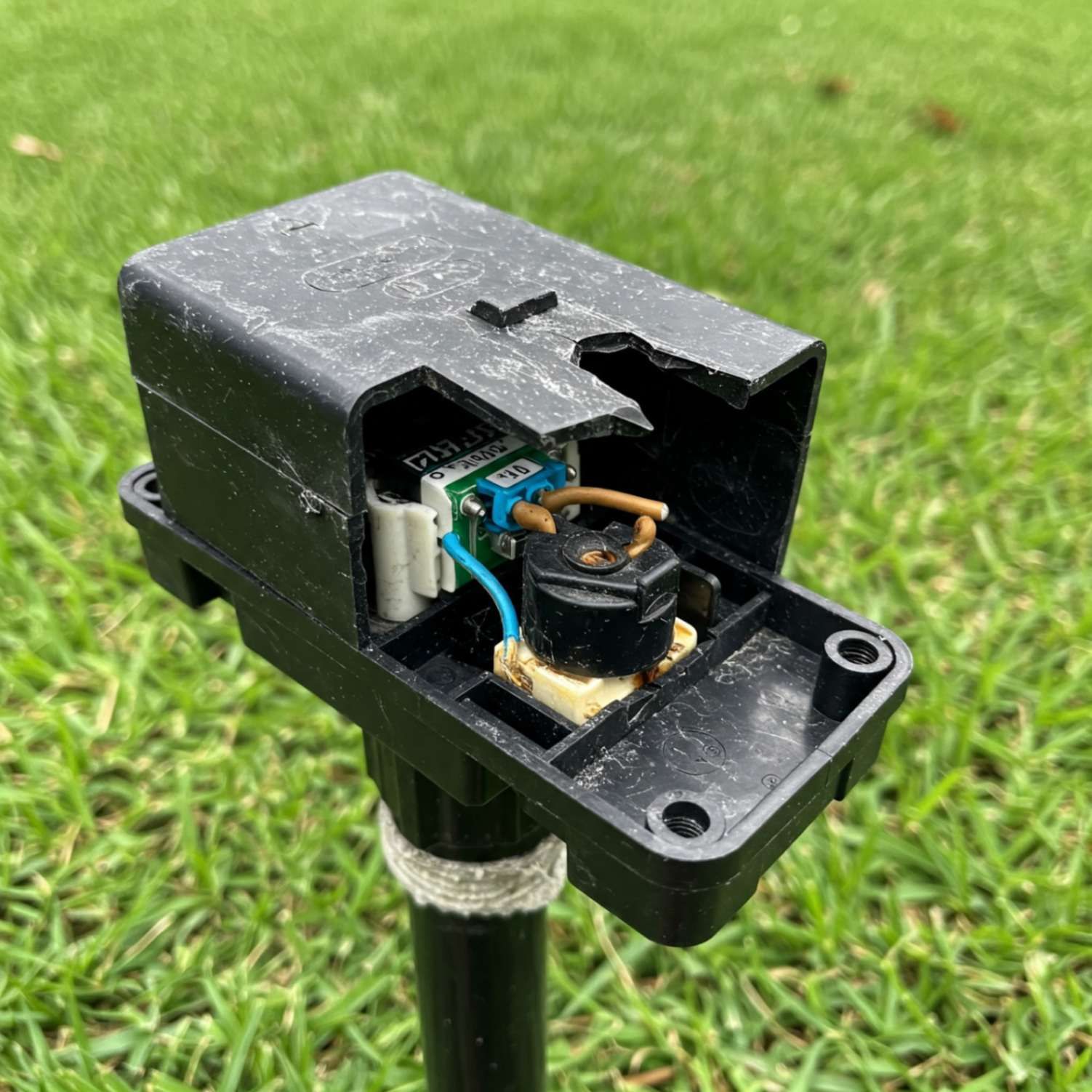 A black electrical device is sitting on top of a grass covered field.