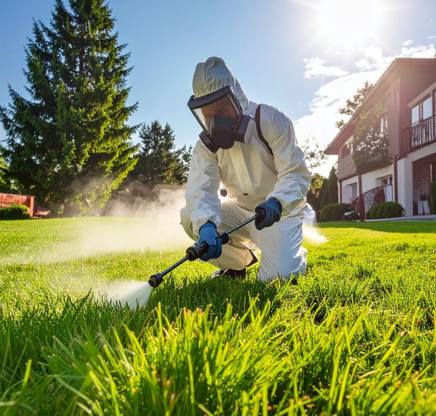 Person in protective suit spraying lawn with pesticide near a house on a sunny day.
