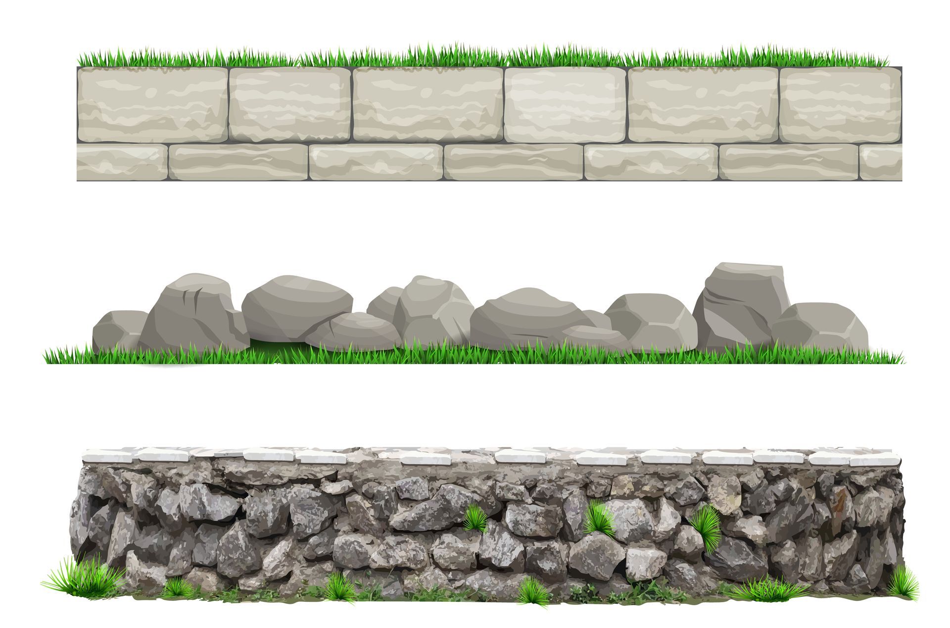 There are three different types of retaining walls with grass growing on them.