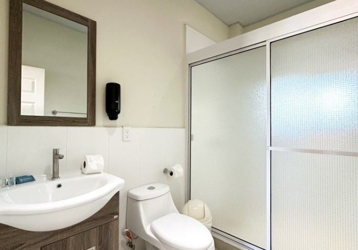 Baño con lavabo, inodoro, ducha y espejo. Colores blanco y marrón.