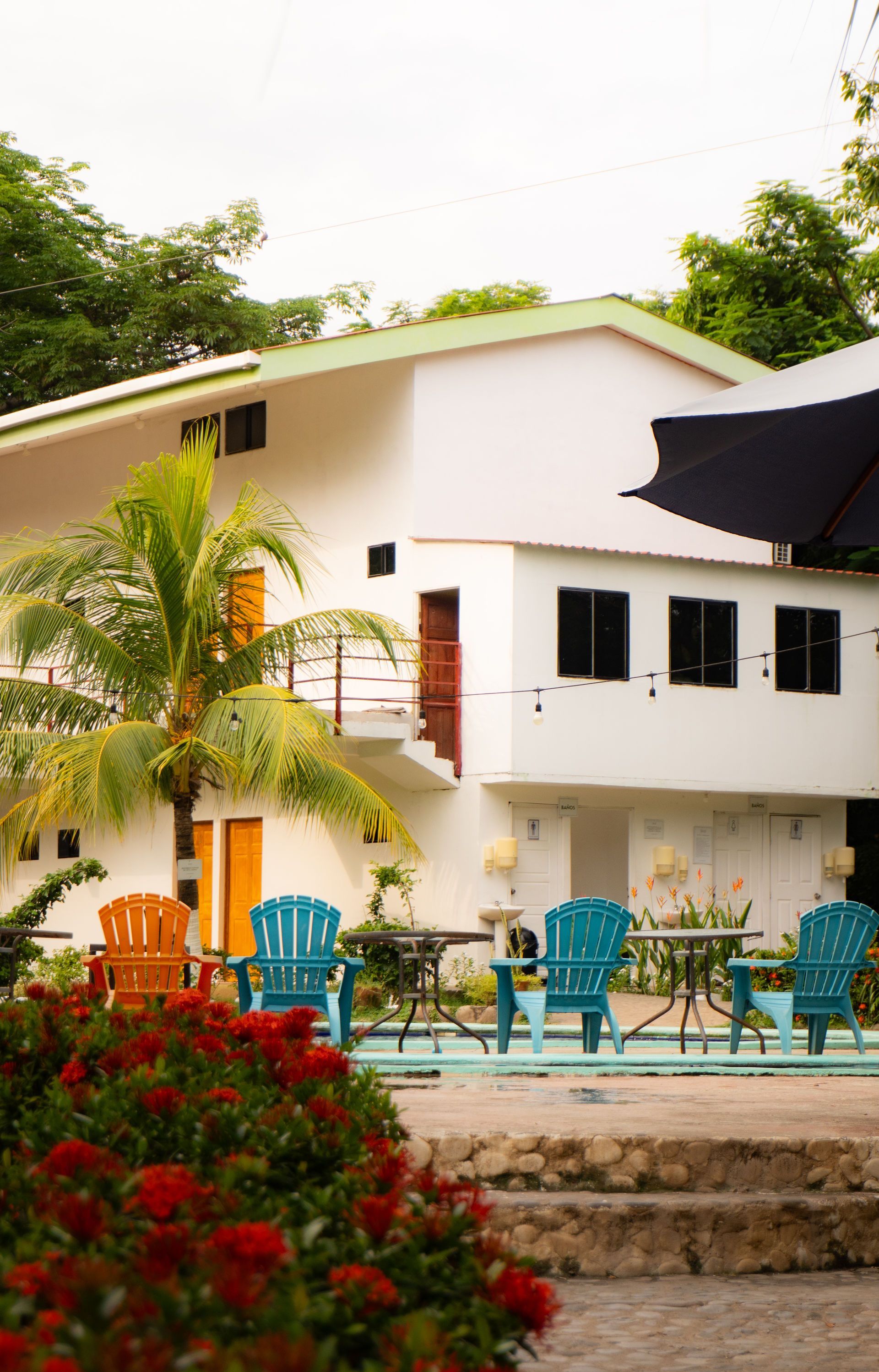 Edificio blanco de dos pisos con sillas azules junto a una piscina, árboles y flores en primer plano.