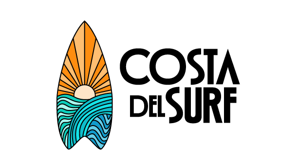 Logotipo de tabla de surf con sol, olas del océano y texto 