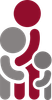 Family silhouette: Adult in burgundy arms around two children, one gray, one burgundy.
