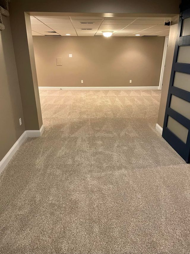 An empty basement with a carpeted floor and a door.
