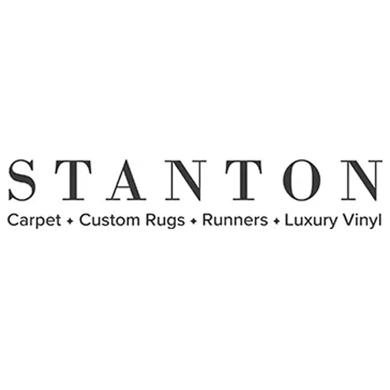 A black and white logo for stanton carpet , custom rugs , runners , luxury vinyl.
