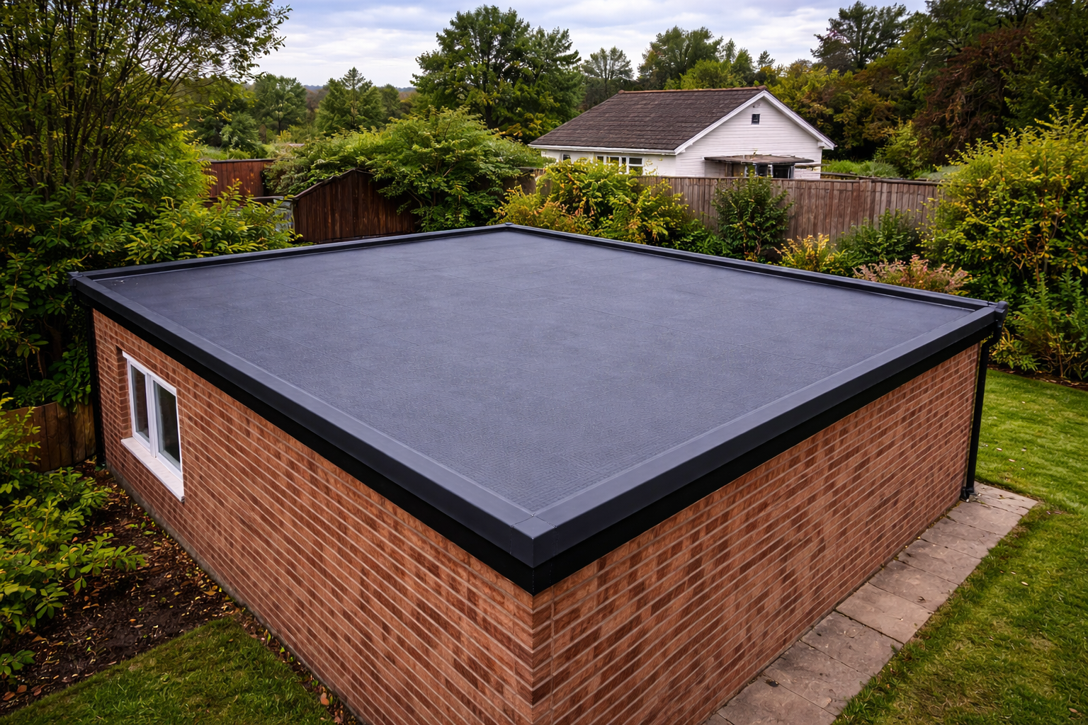 White resin paths split into two around a raised flowerbed, bordered by light-coloured stone walls.