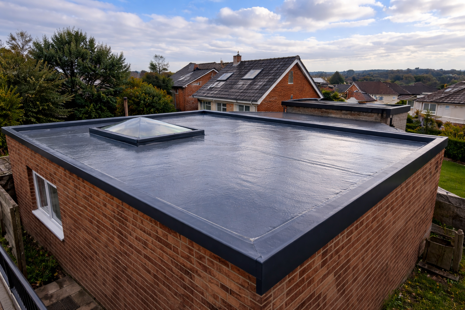Dark grey resin driveway leading to a white garage door, flanked by gardens with greenery.