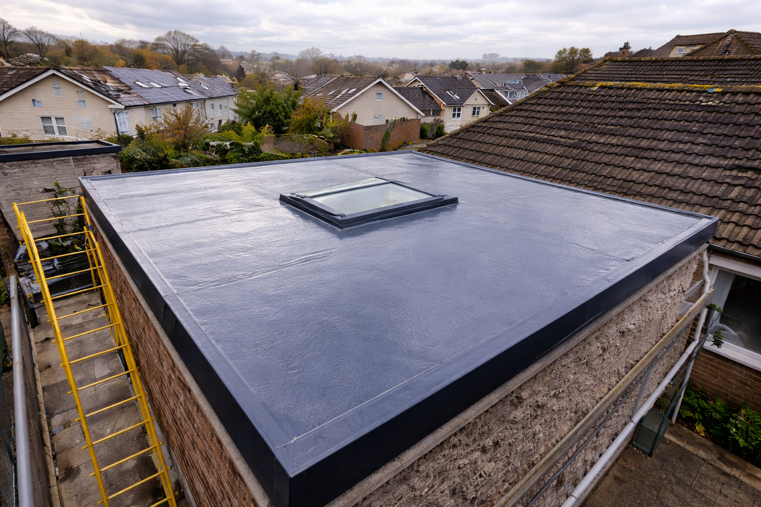 Grey resin driveway with light-colored buildings, dark car, and a wall in the background.