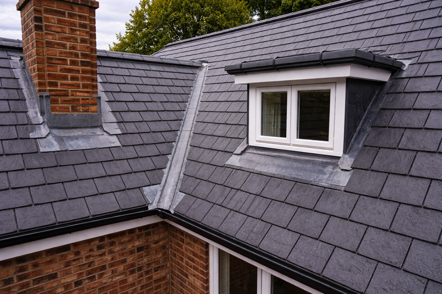 Dark grey resin driveway leading to a white garage door, flanked by gardens with greenery.