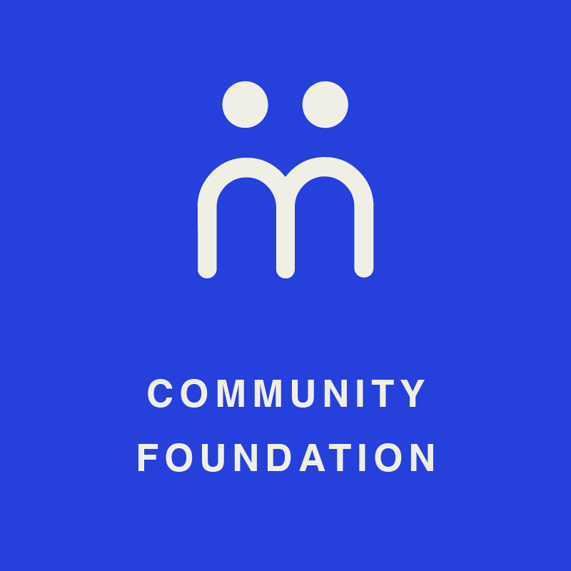 White icon of two connected figures on a blue background, with the words 