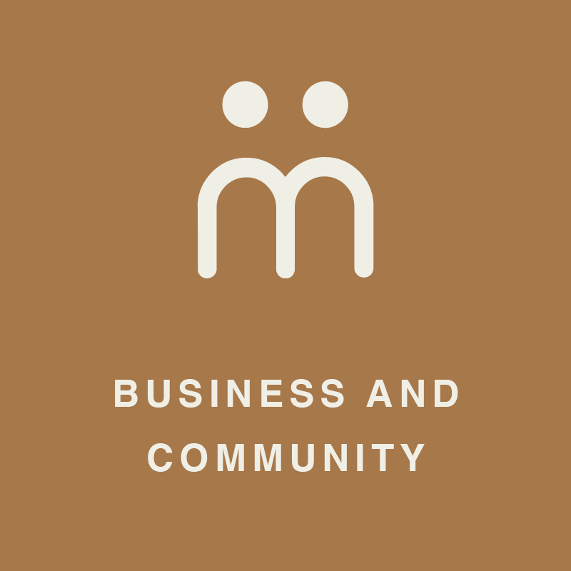 White stylized logo of two people above a “m” shape, text reads 