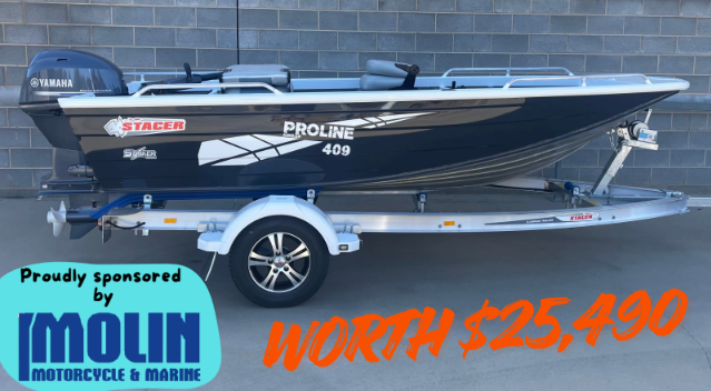 A black and silver Proline 430 boat on a trailer, sponsored by Imolin, worth $25,490.