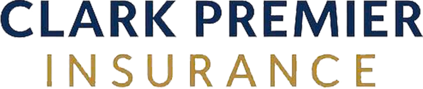 Clark Premier Insurance logo. Blue text on top, gold text below.