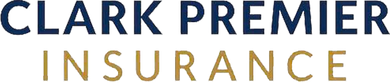 Clark Premier Insurance logo. Blue text on top, gold text below.