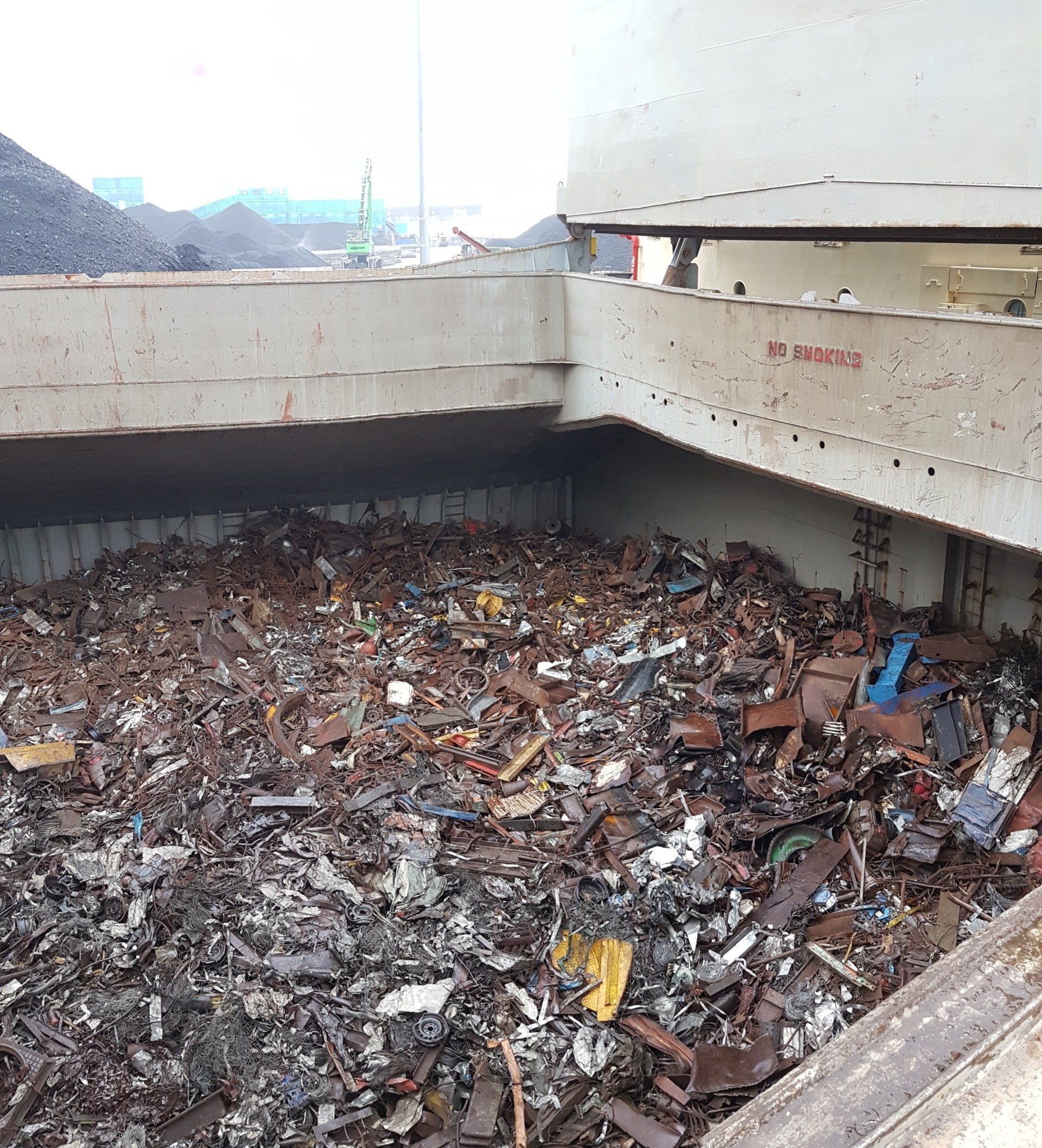 A cargohold full of steel scrap after a fire erupted. Marine fire investigation