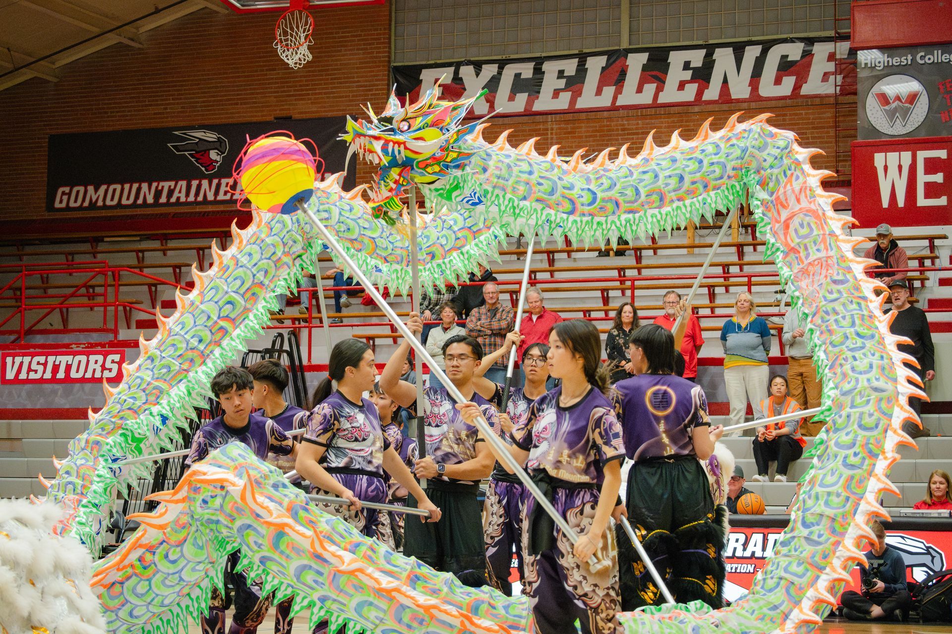 Dragon dance performance in a gymnasium; performers in purple and green costumes, some holding poles; people watching.