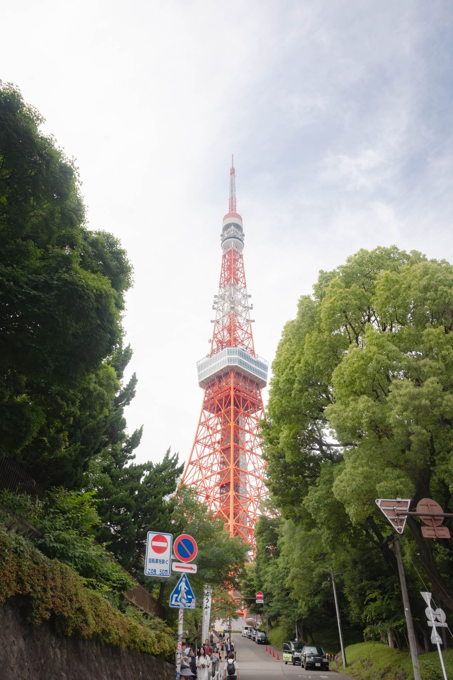 Tokyo Tower rises above a road lined with green trees, under a cloudy sky.