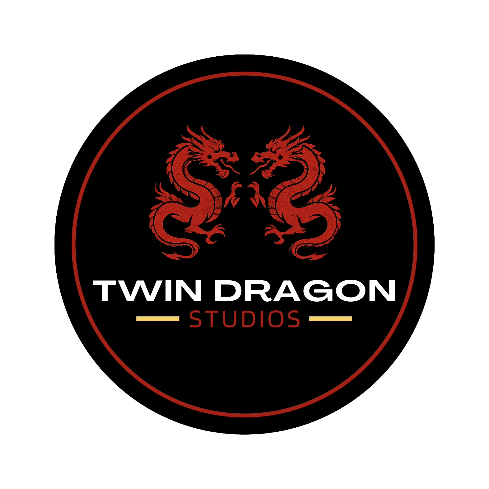 Black circle logo with red dragons, white text, and a gold line for Twin Dragon Studios.