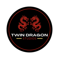 Black circle logo with red dragons, white text, and a gold line for Twin Dragon Studios.
