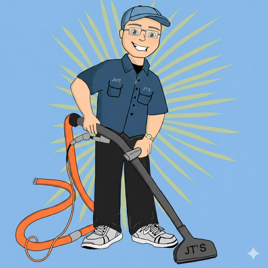 Cartoon of Jeff, the owner, holding a cleaning wand, wearing blue uniform, smiling. Light blue background, orange hose.