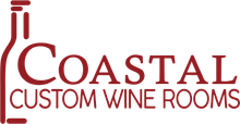 Coastal Custom Wine Rooms logo. Red bottle outline with "COASTAL" and "CUSTOM WINE ROOMS" in red text.