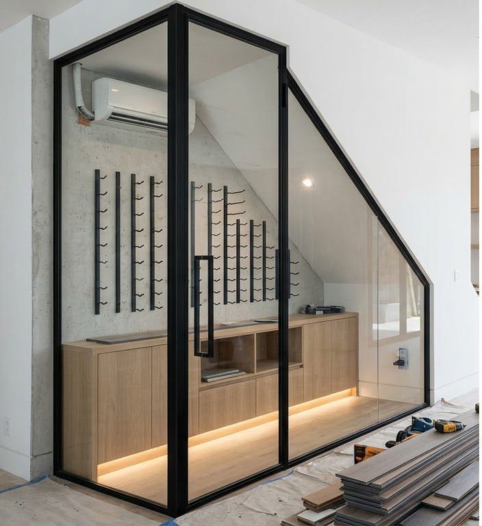 Wine cellar with clear racks holding numerous wine bottles, centered over cabinets with liquor bottles displayed.