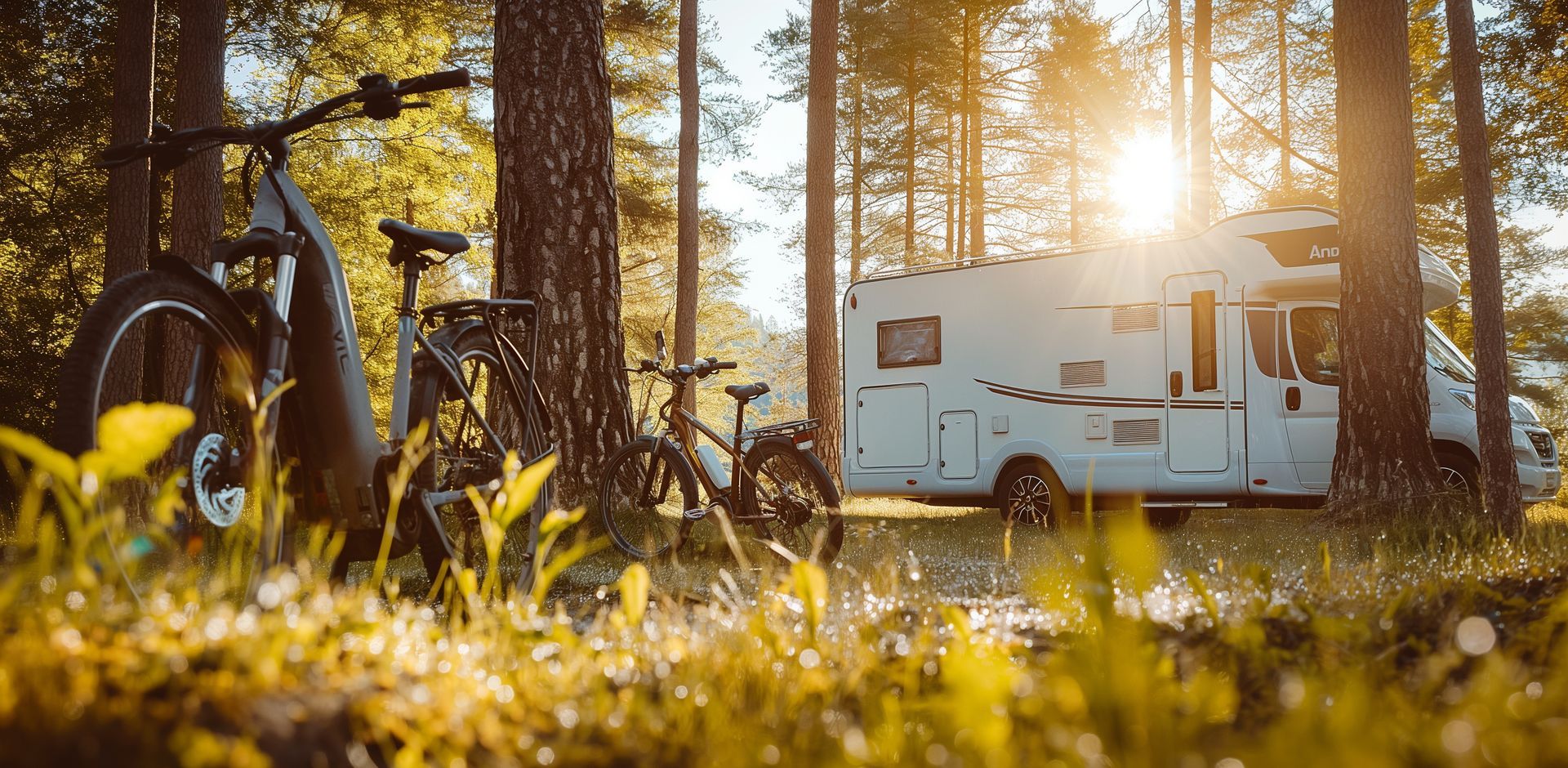 Un vélo est garé à côté d'un camping-car dans les bois.