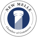 New Melle Chamber of Commerce logo: white circle with dark blue center, pillar, and text.