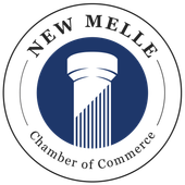 New Melle Chamber of Commerce logo: white circle with dark blue center, pillar, and text.