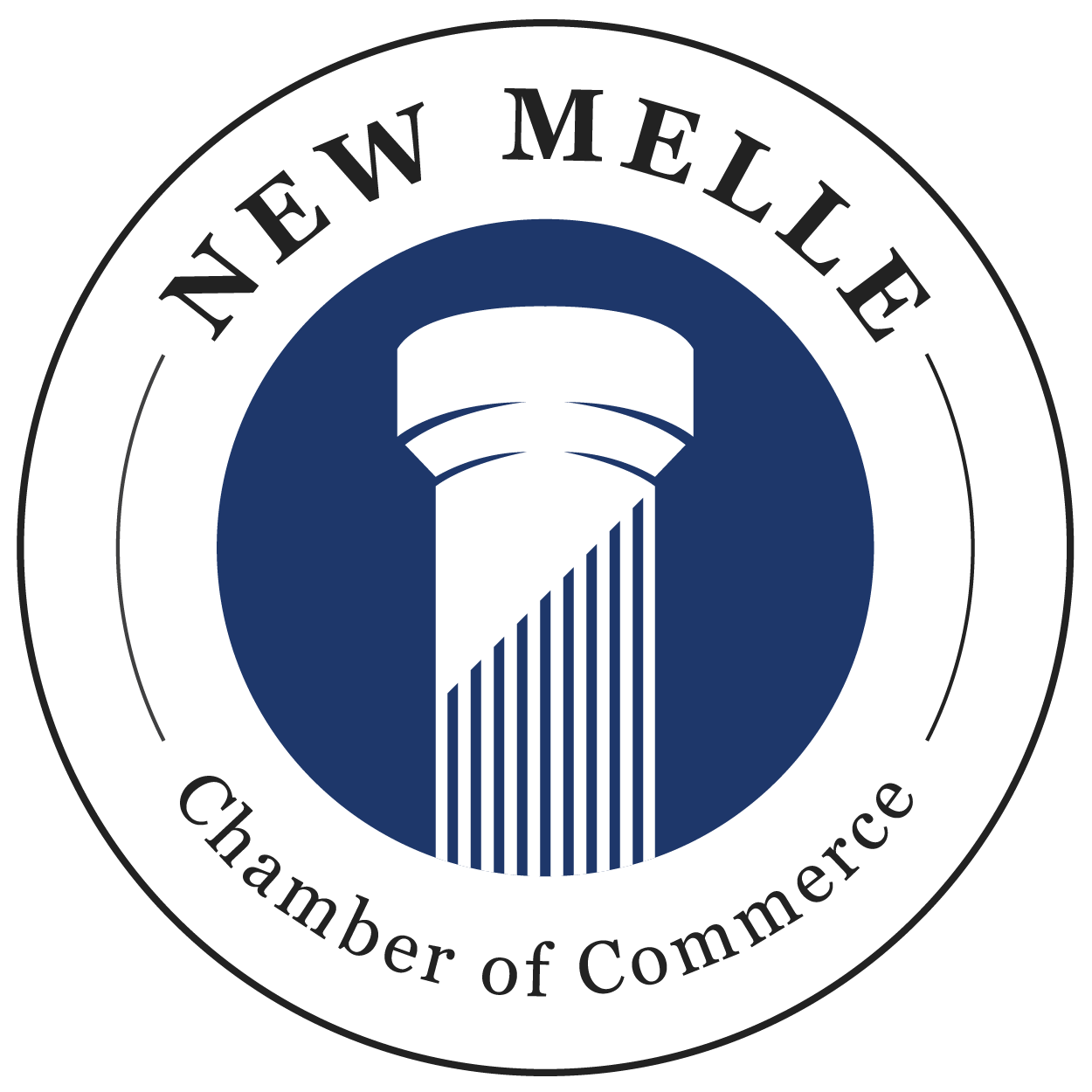 New Melle Chamber of Commerce logo: white circle with dark blue center, pillar, and text.