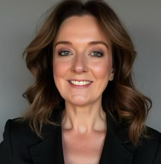 Woman with brown hair smiles, wearing a black blazer.