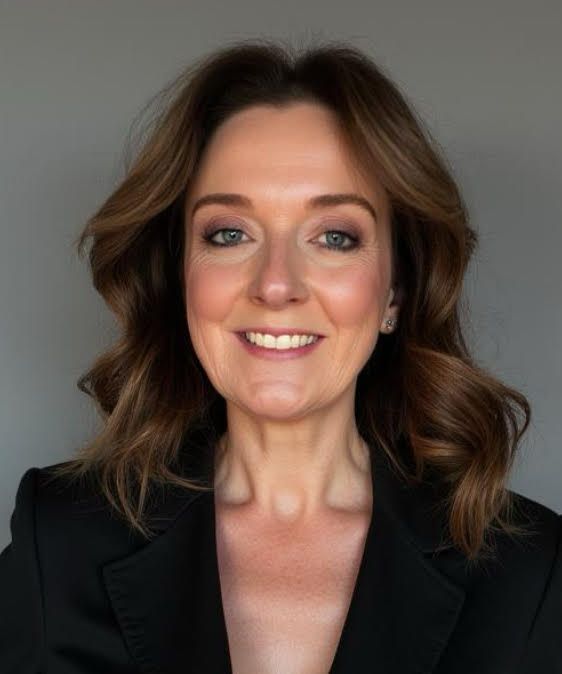 Woman smiling, leaning on her hand, working at a laptop near a window with white blinds.