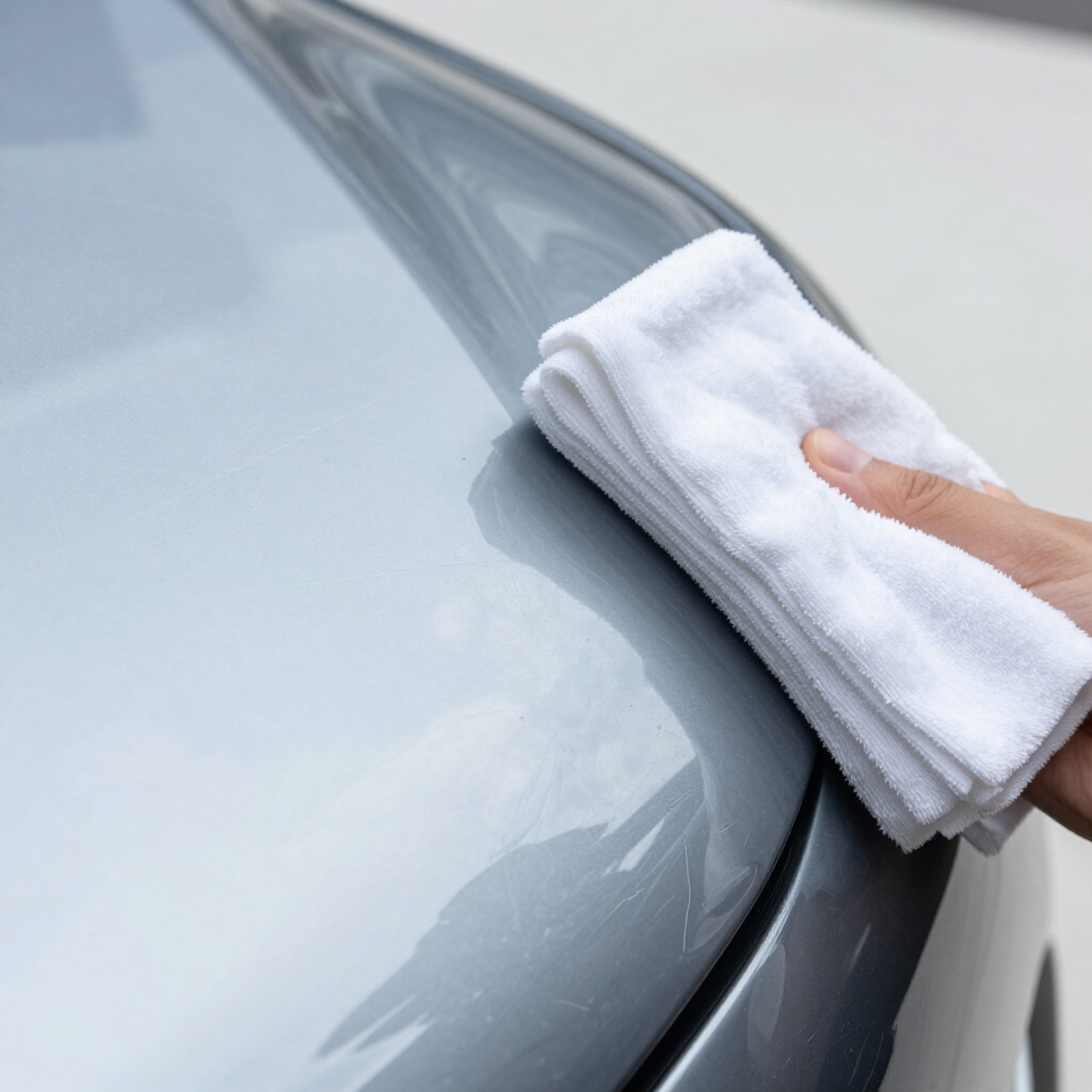 Car paint scratch repair close-up