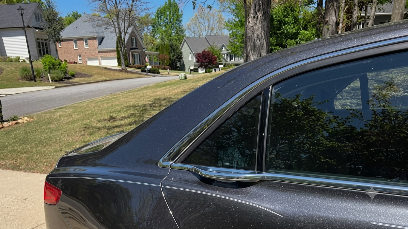 Side view of a black sedan parked on a suburban street on a sunny day.
