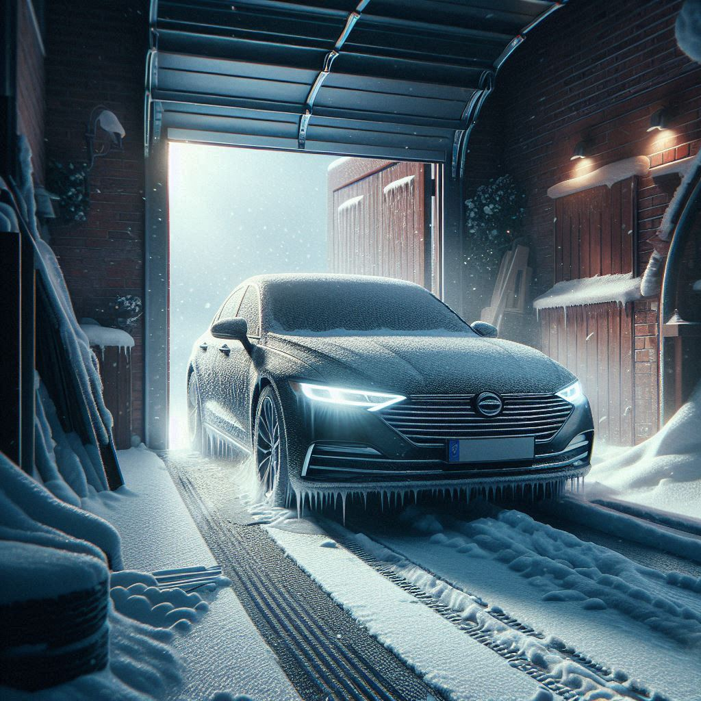 A car is parked in a garage in the snow.