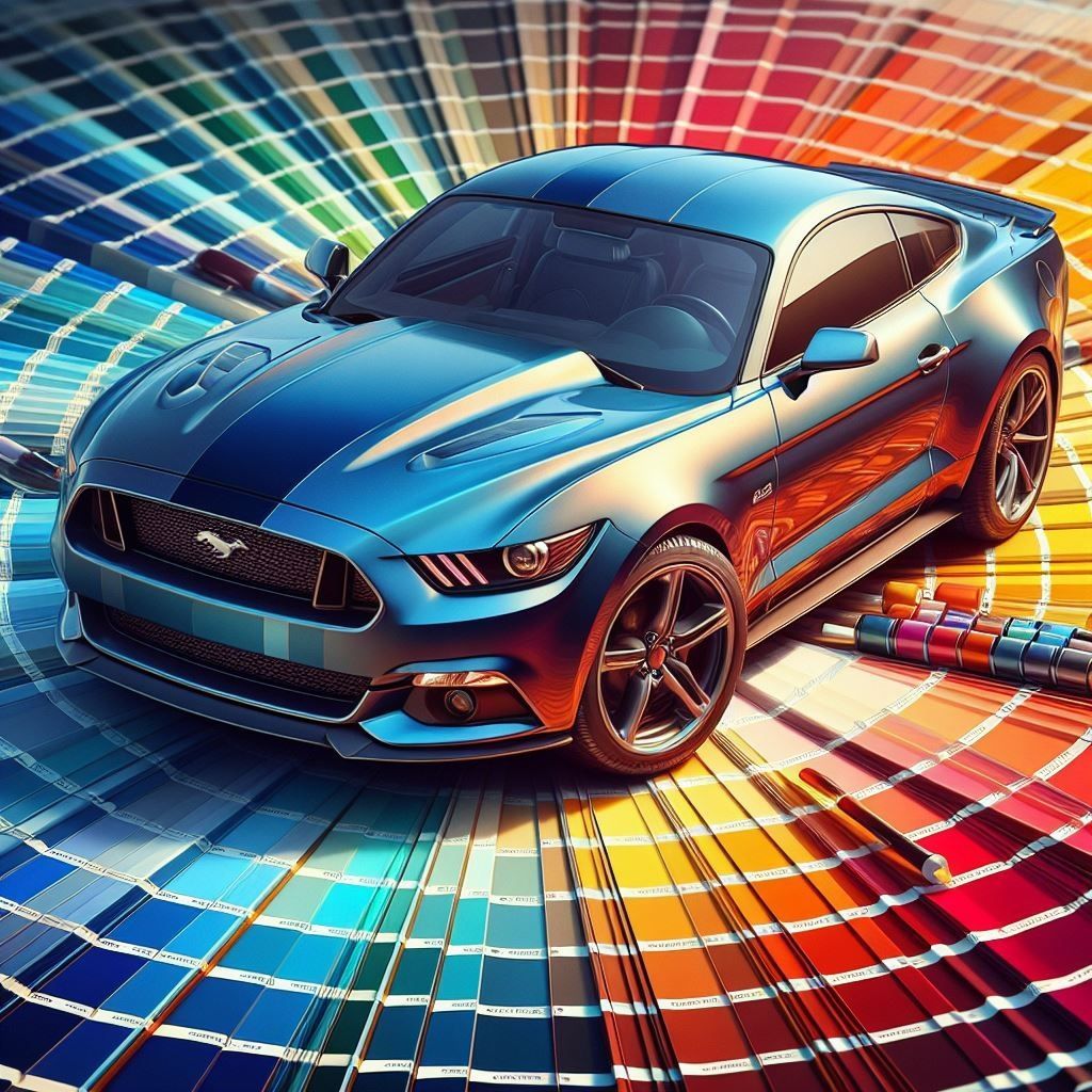 A blue mustang is surrounded by a rainbow of colors.