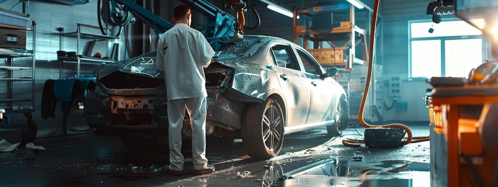 A man is standing next to a car in a garage.