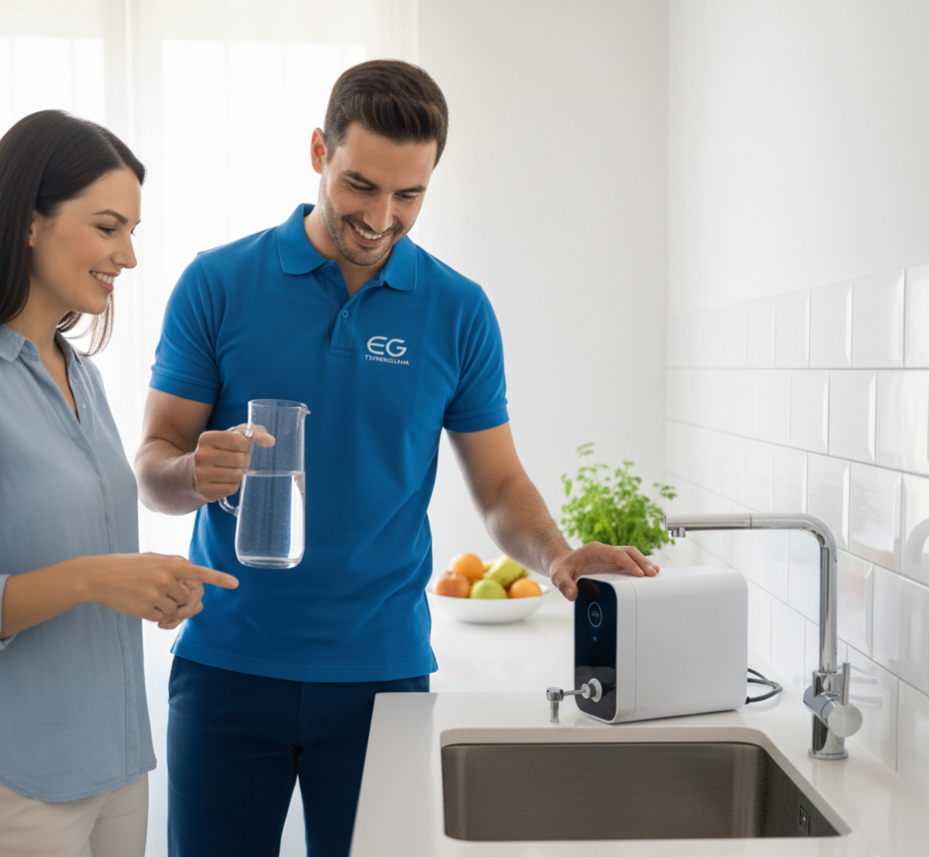 Un uomo con una camicia blu mostra una donna che filtra l'acqua da un sistema di filtraggio bianco in cucina.