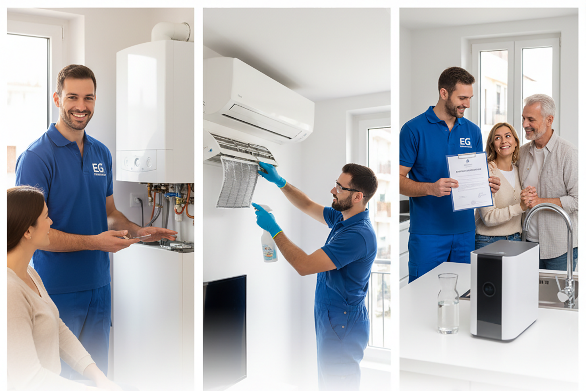 Tecnico in uniforme blu che ripara gli elettrodomestici, sorridente; interazione con i clienti in ambienti chiusi.