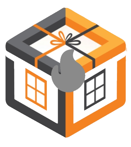 Logo della scatola con linee arancioni e grigie, legato con uno spago e con un'etichetta grigia al centro.